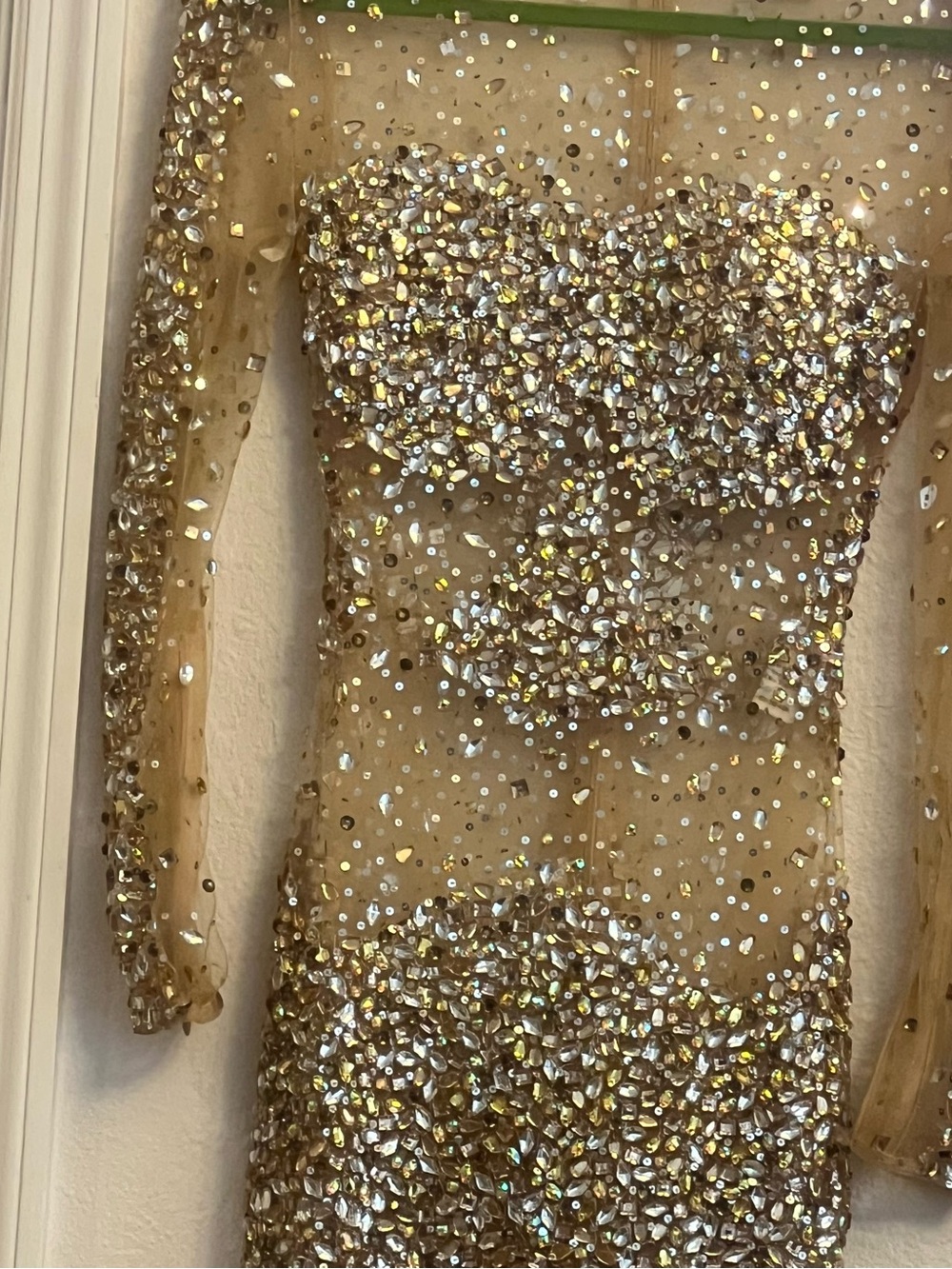 Jovani Gold Crystal-Embellished Illusion Long-Sleeve Mini
